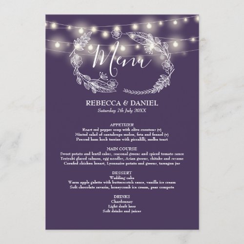 String Lights Purple Floral Wedding Menu