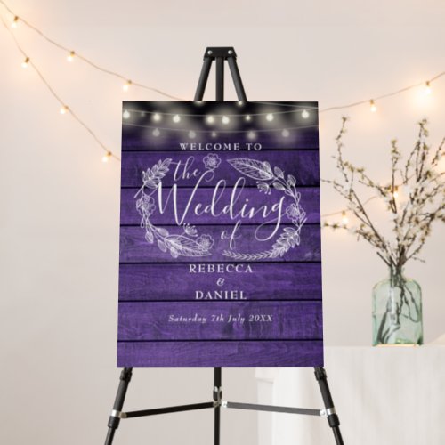 String Lights Purple Rustic Wedding Welcome Sign