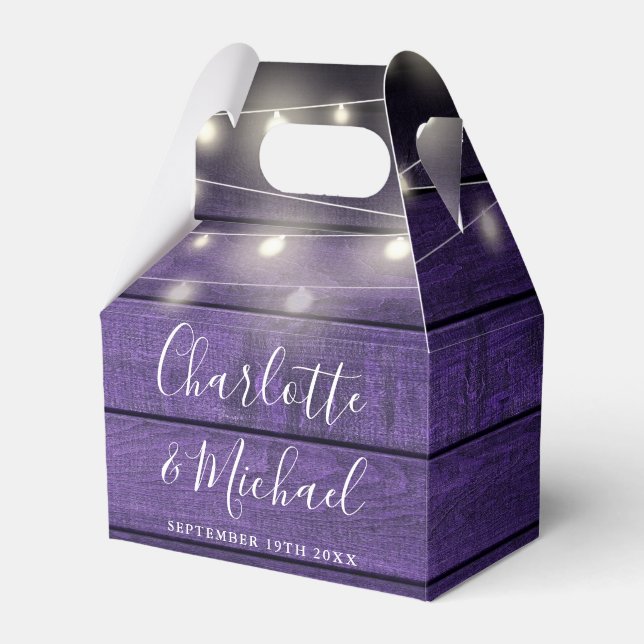 String Lights Purple Rustic Wood Script Wedding Favor Boxes (Front Side)