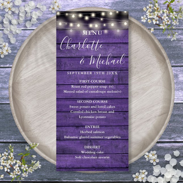 String Lights Purple Rustic Wood Wedding Menu (String Lights Purple Rustic Wood Wedding Menu)