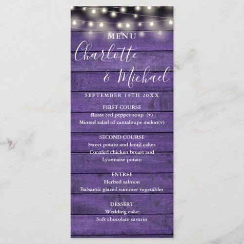 String Lights Purple Rustic Wood Wedding Menu