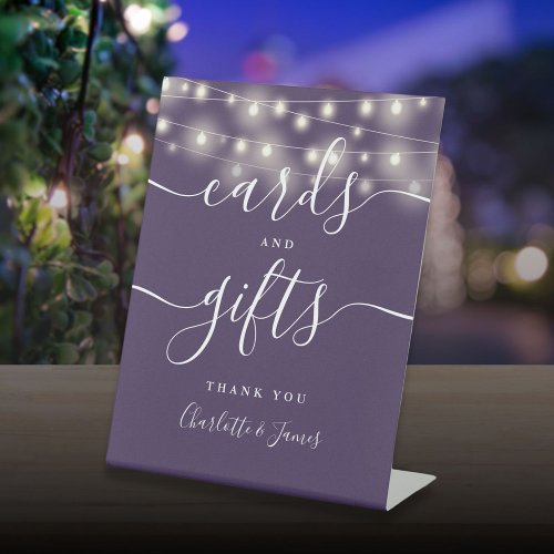 String Lights Purple Script Cards And Gifts Pedestal Sign