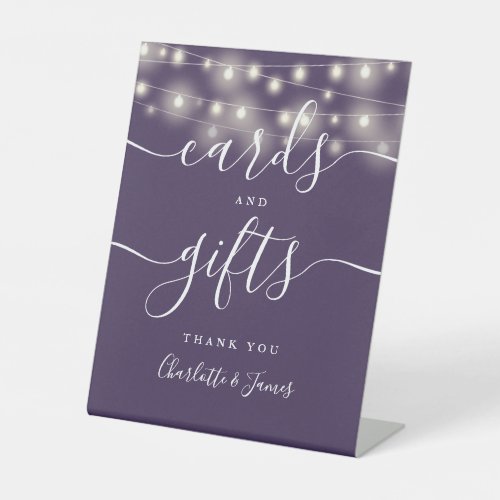 String Lights Purple Script Cards And Gifts Pedestal Sign
