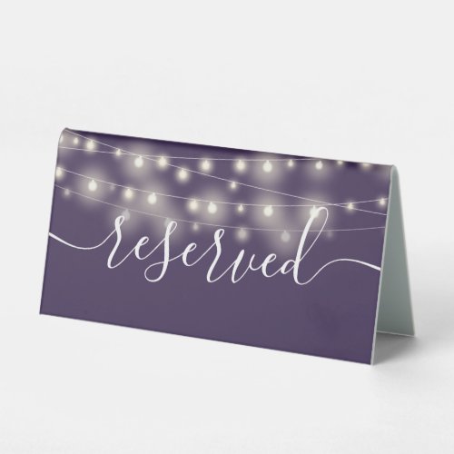 String Lights Purple Script Reserved Table Tent Sign