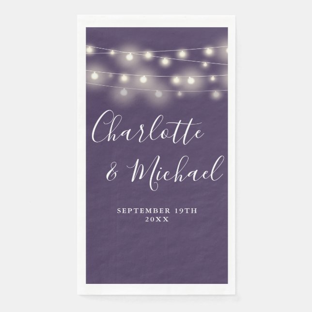 String Lights Purple Signature Script Wedding Paper Guest Towels (Front)