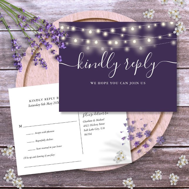 String Lights Purple Song Request RSVP Invitation Postcard (String Lights Purple Song Request RSVP Invitation Postcard)