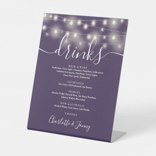 String Lights Purple Wedding Drinks Menu  Pedestal Sign