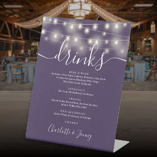 String Lights Purple Wedding Drinks Menu Pedestal Sign