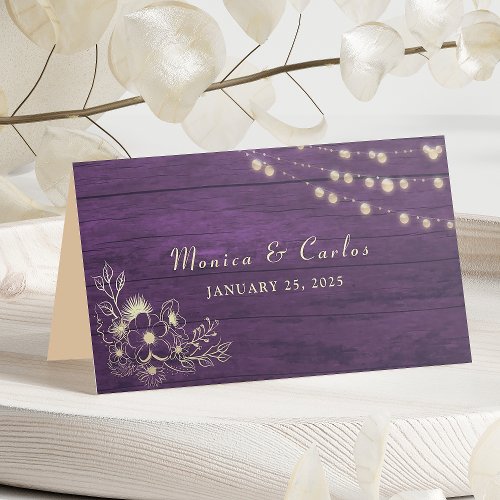 String Lights Purple Wedding Place Card