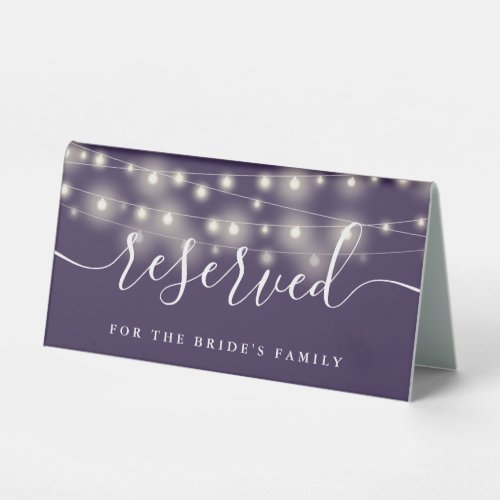 String Lights Purple Wedding Reserved Table Tent Sign