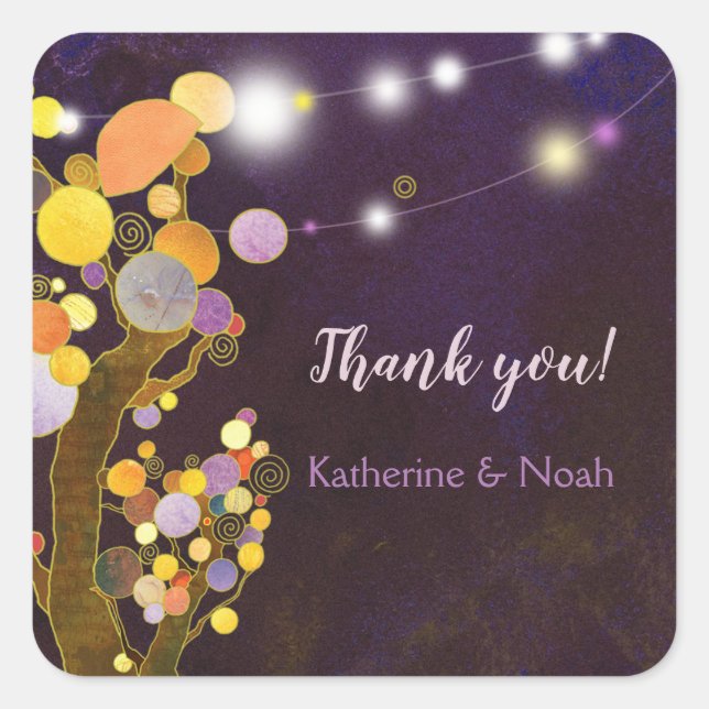 String Lights Purple Wedding Thank You Square Sticker (Front)