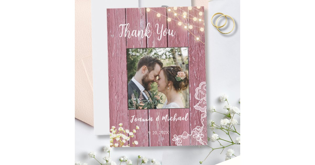 String Lights Purple Wood & Lace Wedding Thank You Card | Zazzle