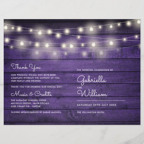 String Lights Purple Wood Wedding Program
