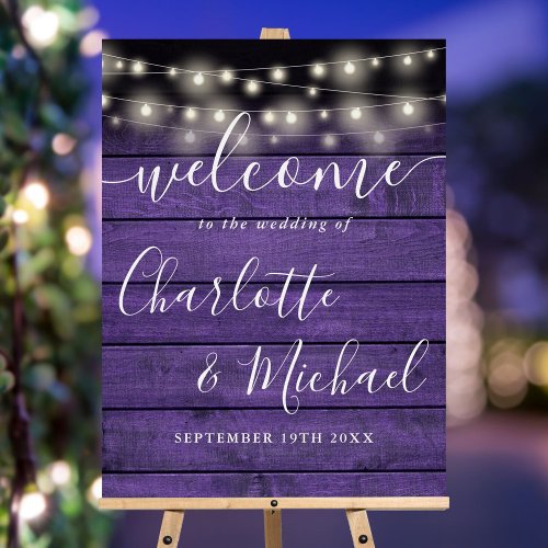 String Lights Purple Wood Wedding Welcome Sign