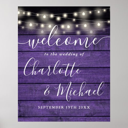 String Lights Purple Wood Wedding Welcome Sign
