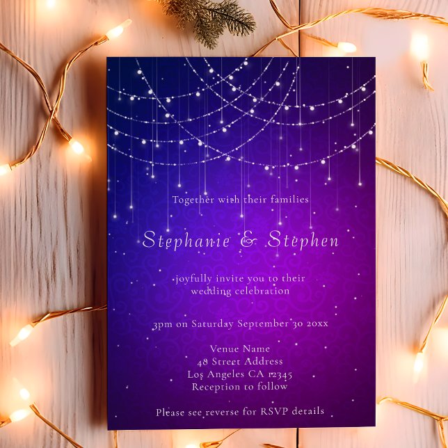 String Lights QR Code Purple Blue Wedding Invitation (Creator Uploaded)