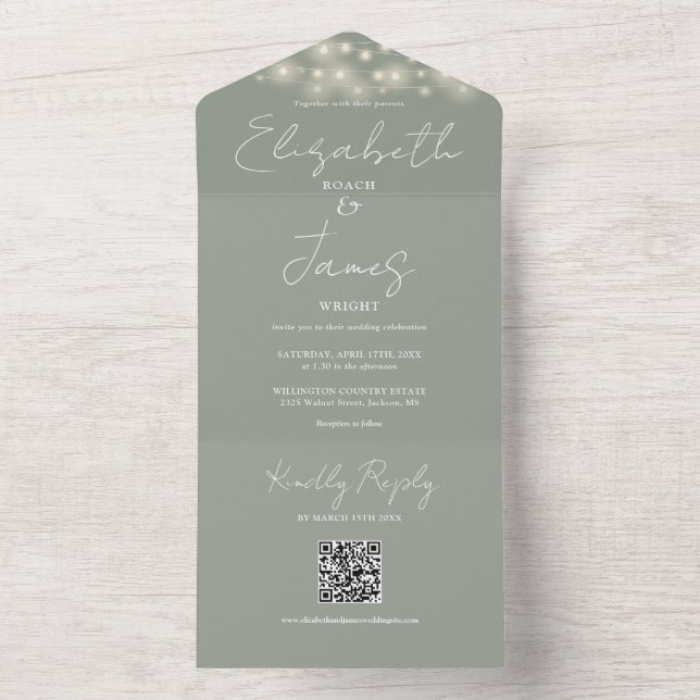String Lights QR Code Sage Green Wedding All In One Invitation (Inside)
