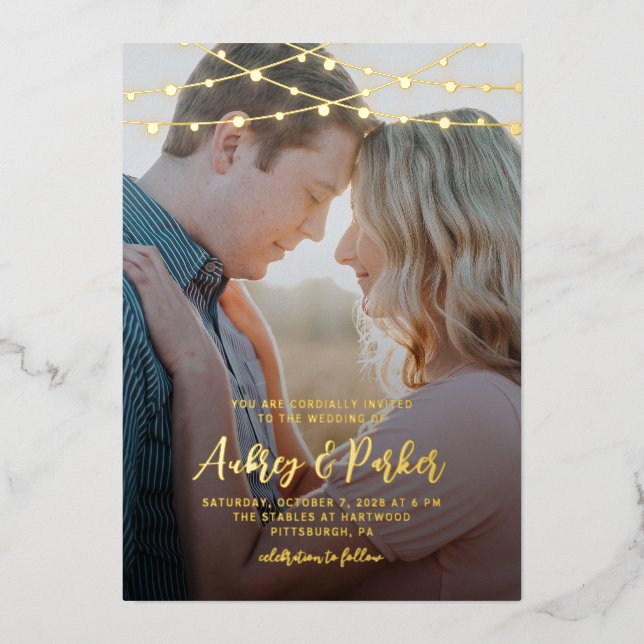 String Lights REAL FOIL Photo Wedding Invitation (Front)
