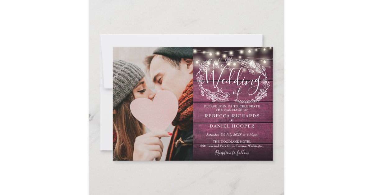 String Lights Red Rustic Photo All In One Wedding Invitation | Zazzle