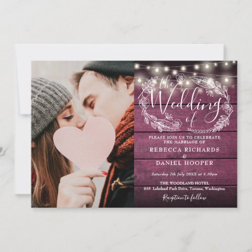 String Lights Red Rustic Photo All In One Wedding Invitation