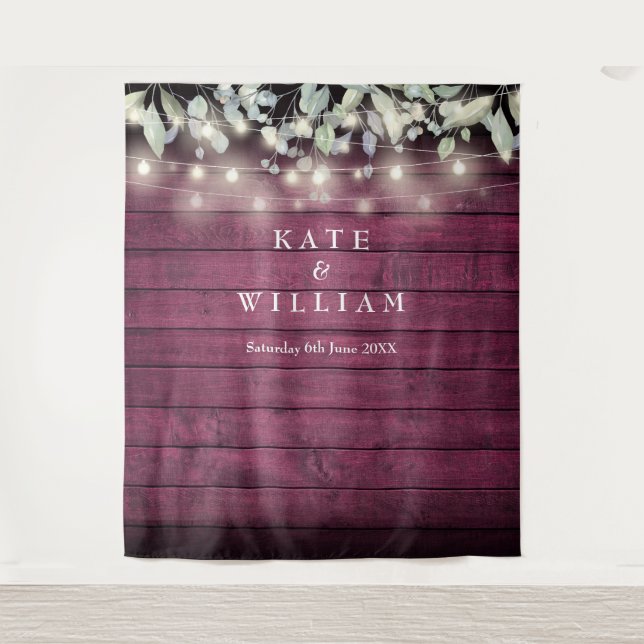 String Lights Red Wood Wedding Photo Backdrop (Front)