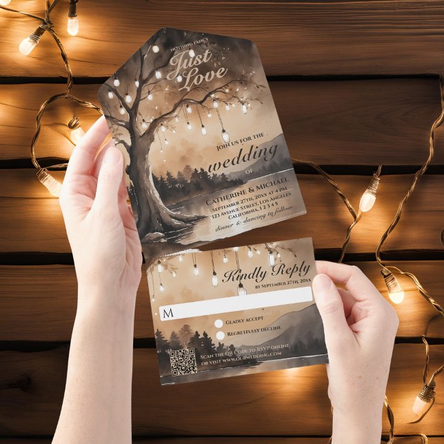 String Lights Romantic Country QR Code Wedding  All In One Invitation (Creator Uploaded)