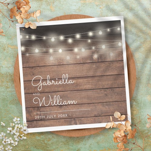 String Lights Rustic Barn Wood Elegant Script Napkins