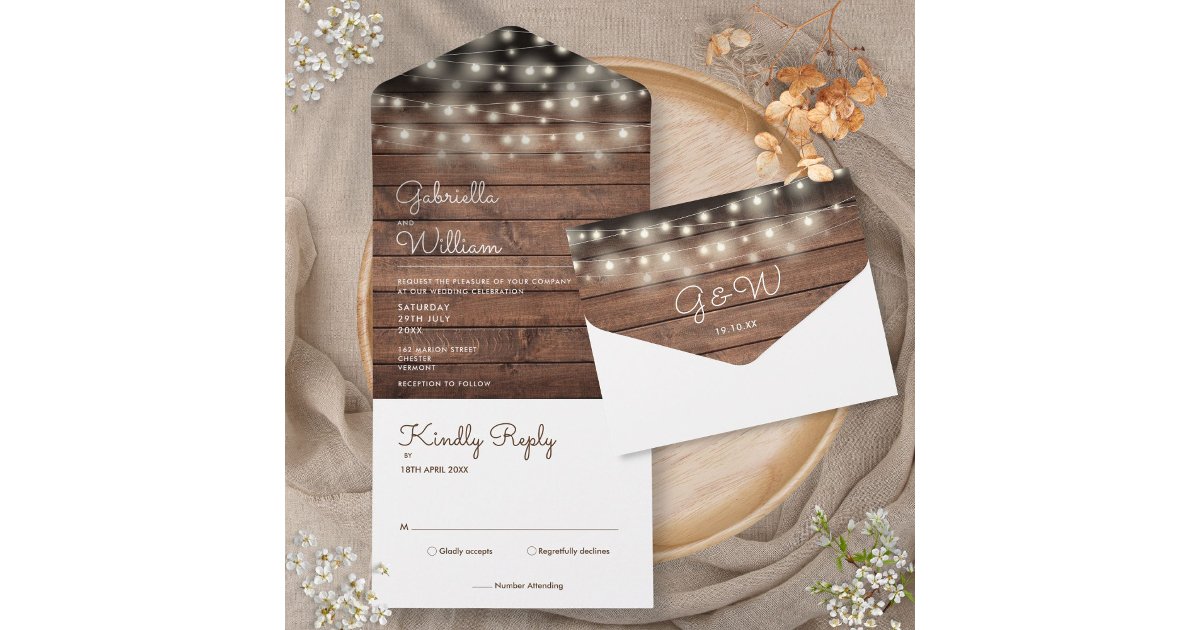 String Lights Rustic Barn Wood Monogram Wedding All In One Invitation ...