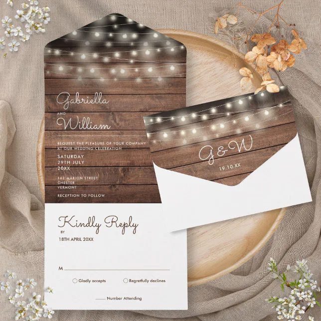 String Lights Rustic Barn Wood Monogram Wedding All In One Invitation ...