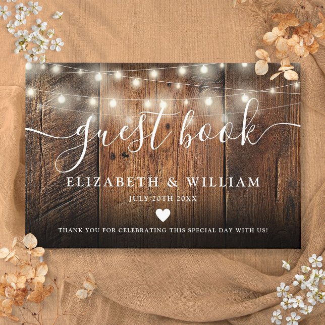 String Lights Rustic Barn Wood Wedding Guest Book (String Lights Rustic Barn Wood Wedding Guest Book)