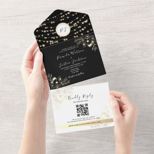 String Lights Rustic Black and White Wedding All In One Invitation