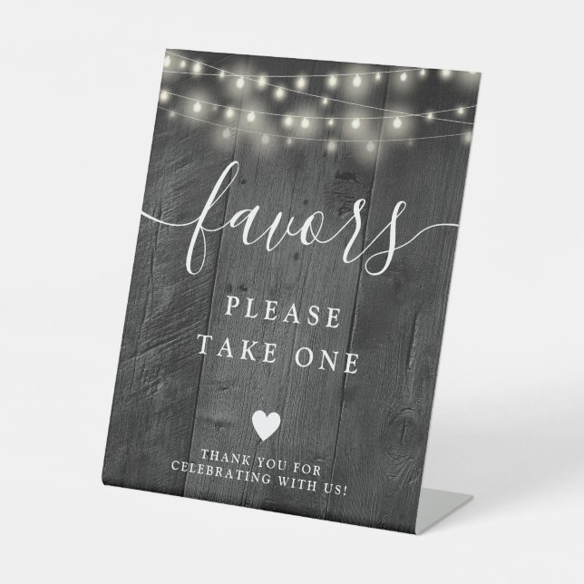 String Lights Rustic Black Barn Wood Favors Pedestal Sign (Front)