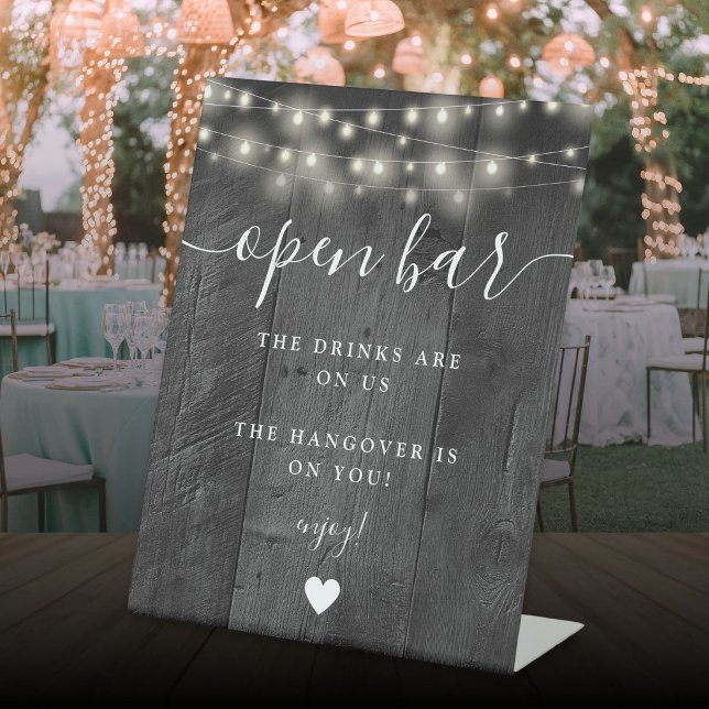 String Lights Rustic Black Barn Wood Open Bar Pedestal Sign (String Lights Rustic Black Barn Wood Open Bar Pedestal Sign)