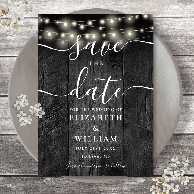 String Lights Rustic Black Wood Barn Boho Wedding  Save The Date (Creator Uploaded)