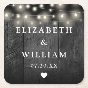 String Lights Rustic Black Wood Boho Barn Wedding Square Paper Coaster