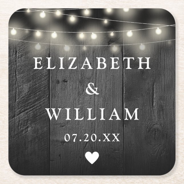 String Lights Rustic Black Wood Boho Barn Wedding Square Paper Coaster (Front)