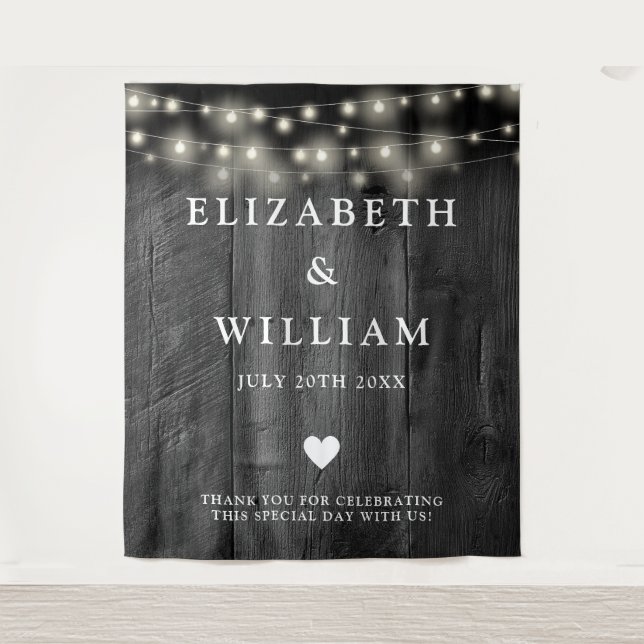 String Lights Rustic Black Wood Photo Backdrop (Front)