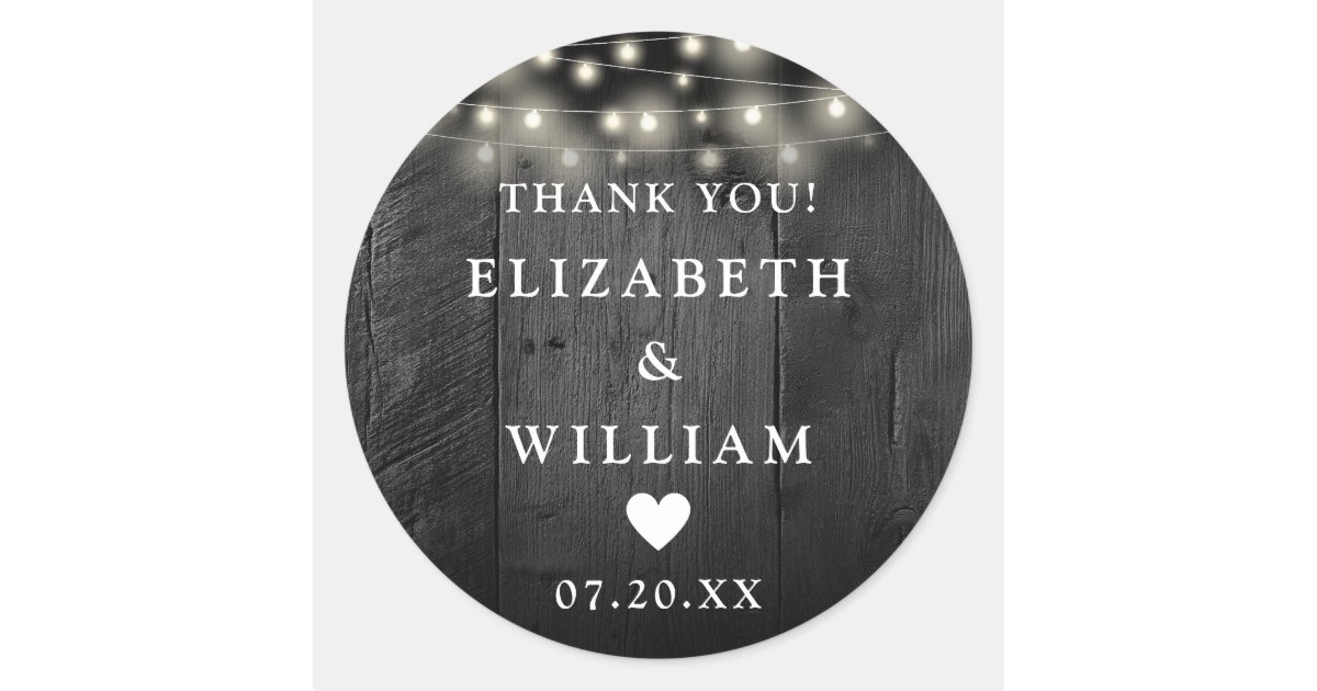 String Lights Rustic Black Wood Wedding Favor Classic Round Sticker ...