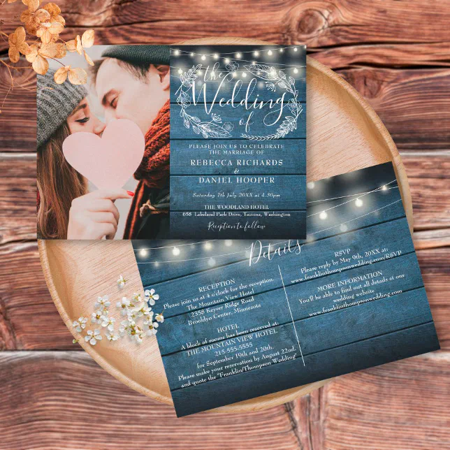 String Lights Rustic Blue Photo All In One Wedding Invitation | Zazzle