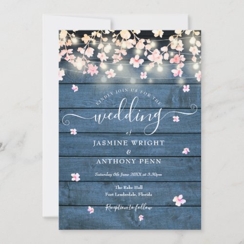 String Lights Rustic Blue Wood Blossom Wedding Invitation