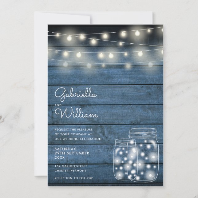 String Lights Rustic Blue Wood Mason Jar Wedding Invitation (Front)