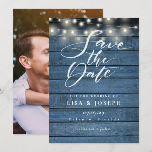 String Lights Rustic Blue Wood Photo Wedding Save The Date