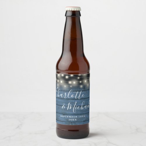 String Lights Rustic Blue Wood Script Wedding Beer Bottle Label
