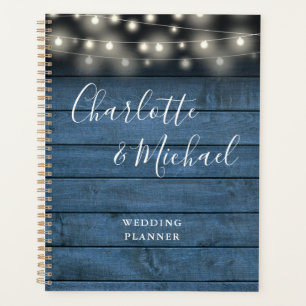 String Lights Rustic Blue Wood Script Wedding Planner