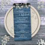 String Lights Rustic Blue Wood Wedding Menu<br><div class="desc">Rustic wedding menu card featuring pretty string lights and signature style names,  this stylish menu card can be personalized with your information in chic white lettering on a blue wood panels background. Designed by Thisisnotme©</div>