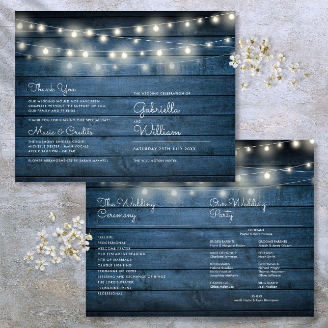 String Lights Rustic Blue Wood Wedding Program (String Lights Rustic Blue Wood Wedding Program)