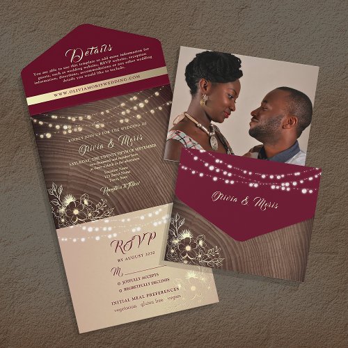 String Lights Rustic Burgundy Wedding All In One Invitation