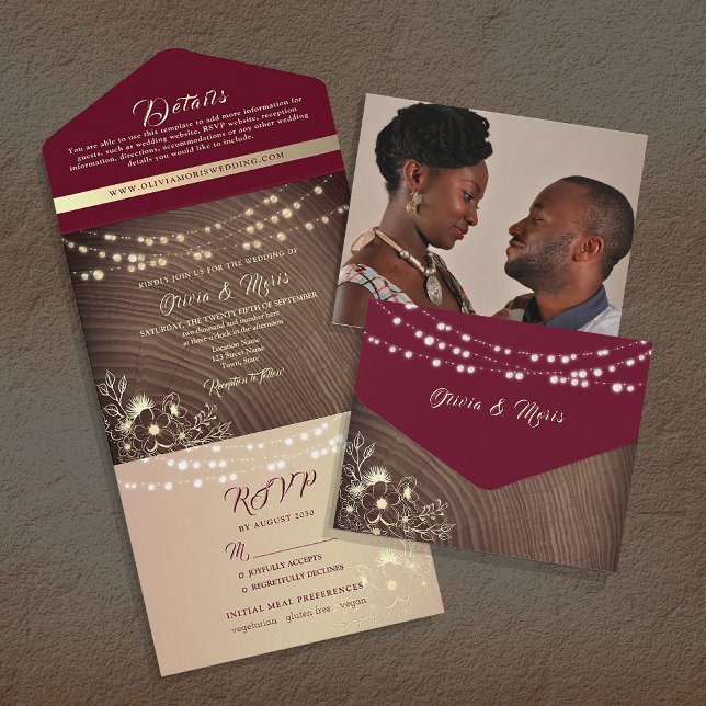 String Lights Rustic Burgundy Wedding All In One Invitation (Creator Uploaded)
