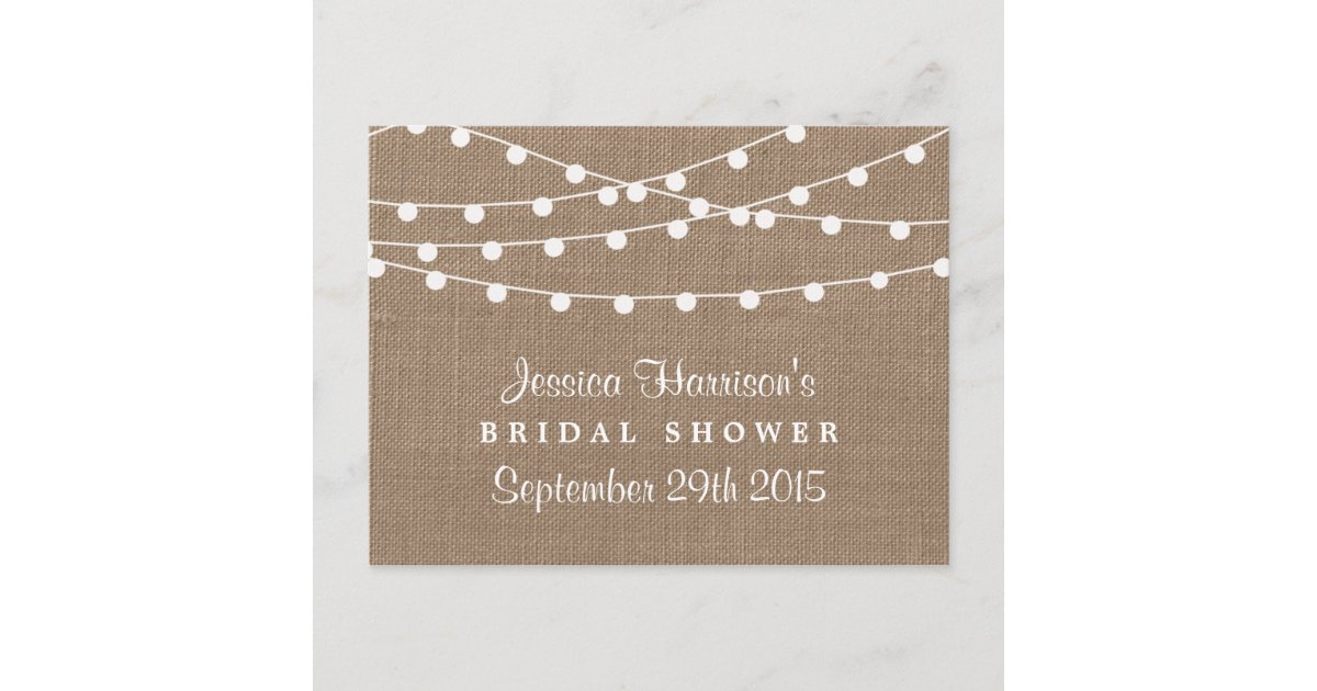 String Lights, Rustic Burlap Bridal Shower Recipe Postcard | Zazzle