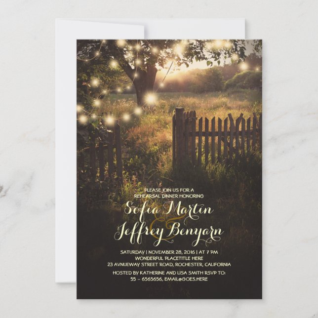 string lights rustic country rehearsal dinner invitation (Front)